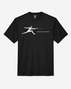 A black short-sleeve crewneck t-shirt featuring a white graphic of a fencer on the chest, with the text 'KYBER FENCING APPAREL' printed below the graphic.