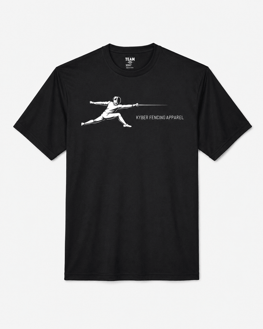 A black short-sleeve crewneck t-shirt featuring a white graphic of a fencer on the chest, with the text 'KYBER FENCING APPAREL' printed below the graphic.