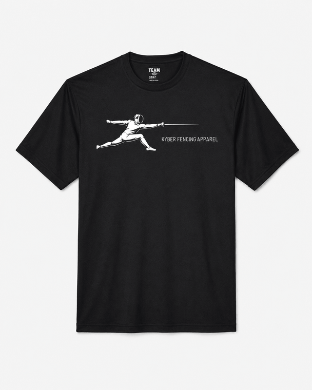 A black short-sleeve crewneck t-shirt featuring a white graphic of a fencer on the chest, with the text 'KYBER FENCING APPAREL' printed below the graphic.