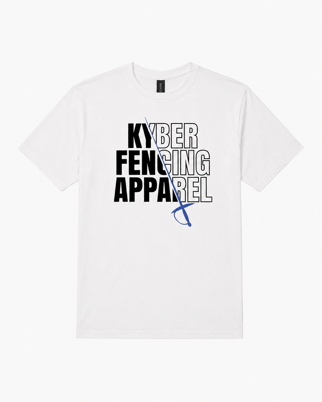 A white short-sleeve crewneck t-shirt featuring a graphic print on the front that reads 'KYBER FENCING APPAREL' in black and outlined text, with a blue fencing sword illustration.