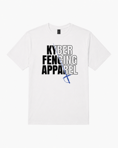 A white short-sleeve crewneck t-shirt featuring a graphic print on the front that reads 'KYBER FENCING APPAREL' in black and outlined text, with a blue fencing sword illustration.