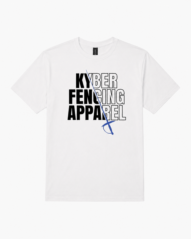 A white short-sleeve crewneck t-shirt featuring a graphic print on the front that reads 'KYBER FENCING APPAREL' in black and outlined text, with a blue fencing sword illustration.