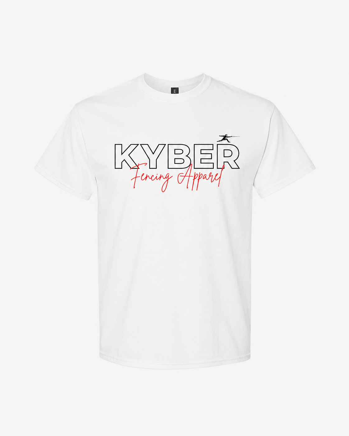 A white short-sleeve crewneck t-shirt featuring a graphic print on the chest with the text 'KYBER' in black outlined letters and 'Financing Apparel' in red script underneath, displayed on a clean white background.