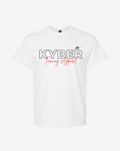 A white short-sleeve crewneck t-shirt featuring a graphic print on the chest with the text 'KYBER' in black outlined letters and 'Financing Apparel' in red script underneath, displayed on a clean white background.