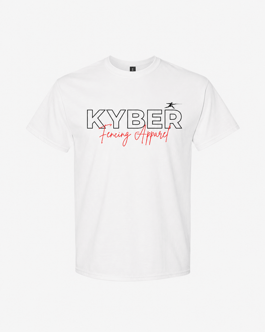 A white short-sleeve crewneck t-shirt featuring a graphic print on the chest with the text 'KYBER' in black outlined letters and 'Financing Apparel' in red script underneath, displayed on a clean white background.