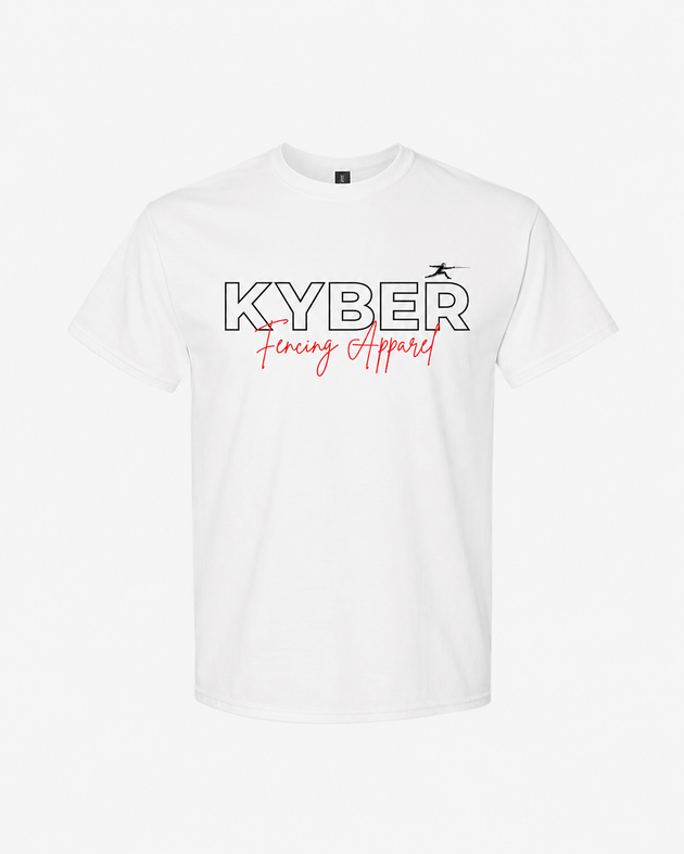 A white short-sleeve crewneck t-shirt featuring a graphic print on the chest with the text 'KYBER' in black outlined letters and 'Financing Apparel' in red script underneath, displayed on a clean white background.